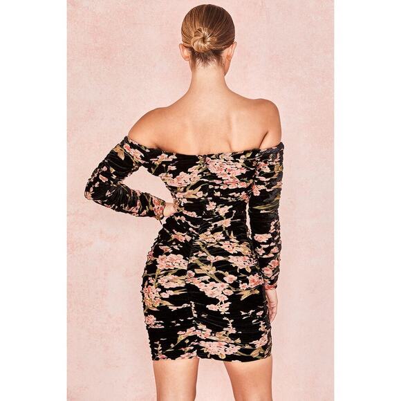House of CB Noella Bardot Dress Black Peach Floral Size S - Picture 7 of 10